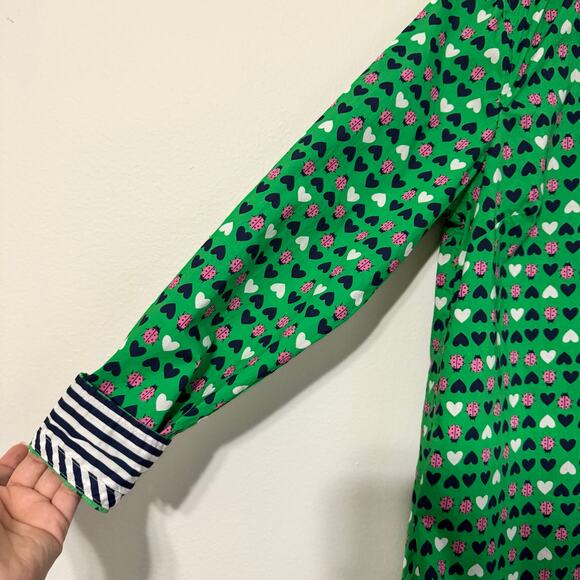 Talbots Top Size P Button Down Green Ladybug Hearts Contrast Cuff Novelty - Picture 11 of 15